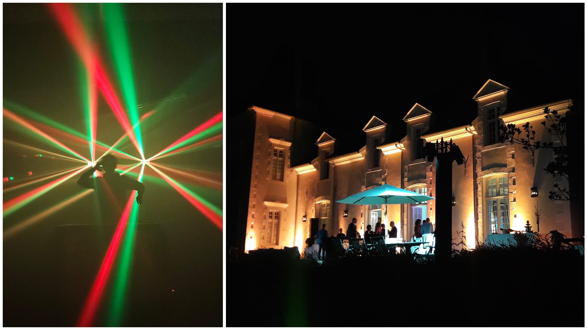 éclairage, jeu de lumière laser, mise en lumière bâtiment, LED autonome sur batterie DCI event