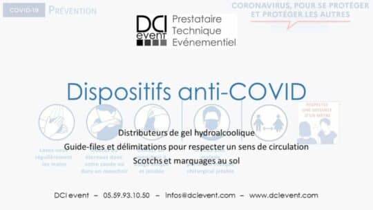 gel désinfectant distributeur borne guide file barrière covid DCI event